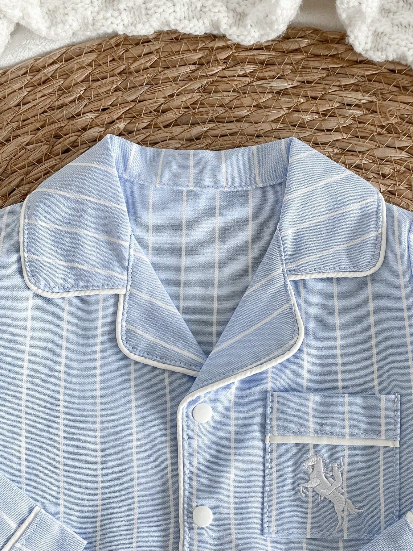 Vintaside Kids Cute Newborn Baby Romper,Blue And White Striped Long Sleeve Jumpsuit,Autumn Embroidered Horse Design,Lapel Collar Front Pocket Night Loungewear