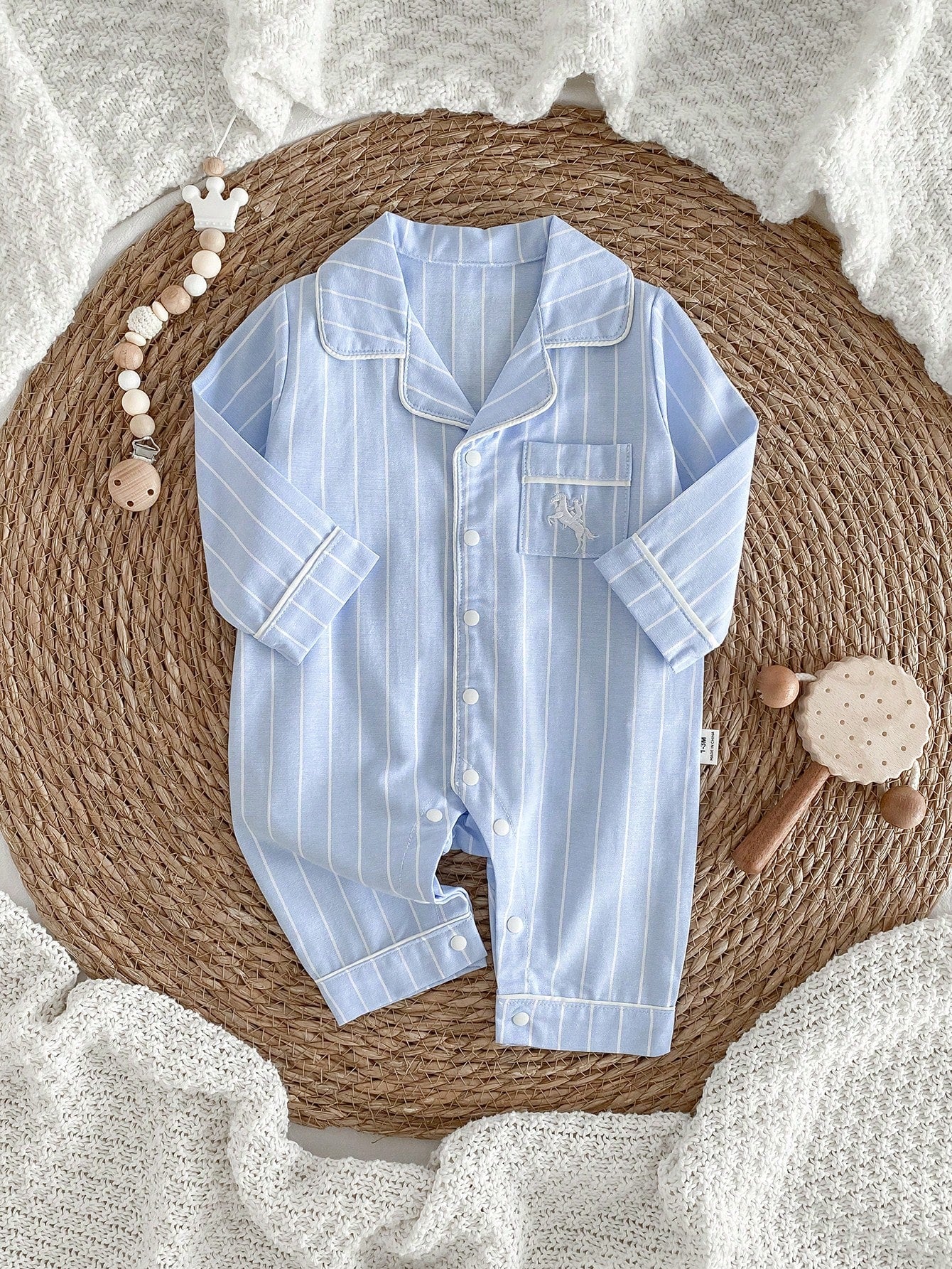 Vintaside Kids Cute Newborn Baby Romper,Blue And White Striped Long Sleeve Jumpsuit,Autumn Embroidered Horse Design,Lapel Collar Front Pocket Night Loungewear