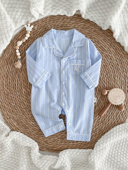 Vintaside Kids Cute Newborn Baby Romper,Blue And White Striped Long Sleeve Jumpsuit,Autumn Embroidered Horse Design,Lapel Collar Front Pocket Night Loungewear