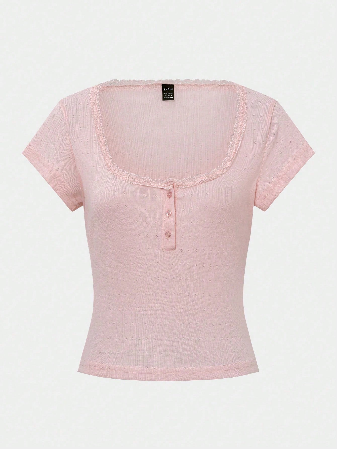Vionelle Moosta Plus-Size Women Sweet Lace Trim Short Sleeve T-Shirt,Slim Fit 3-Button Baby Pink Casual Fairy Elegant Tee Tops,Summer Formal Office Concert