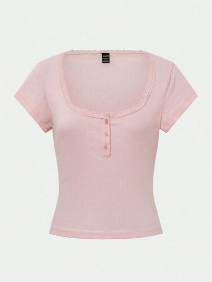 Vionelle Moosta Plus-Size Women Sweet Lace Trim Short Sleeve T-Shirt,Slim Fit 3-Button Baby Pink Casual Fairy Elegant Tee Tops,Summer Formal Office Concert