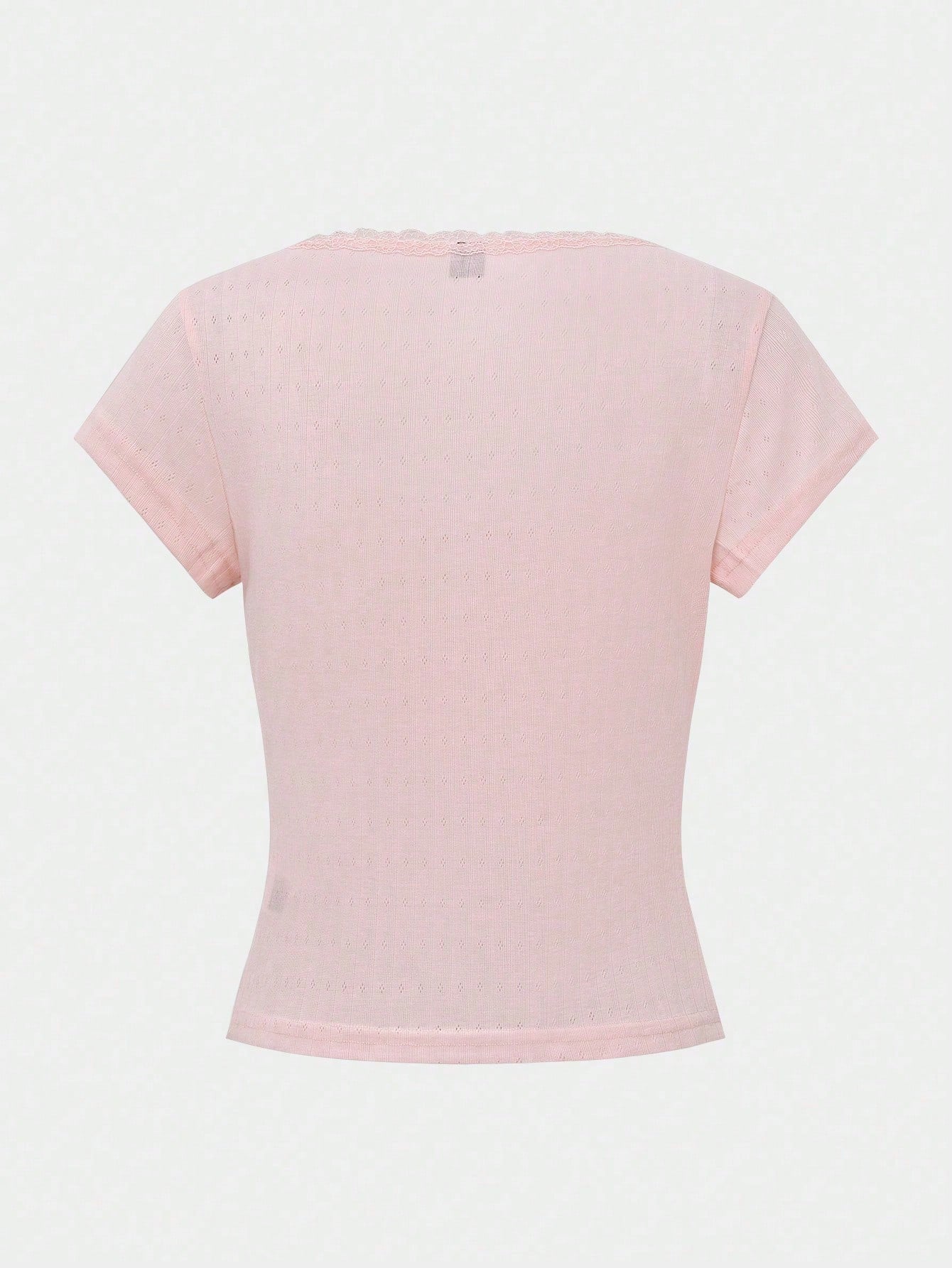 Vionelle Moosta Plus-Size Women Sweet Lace Trim Short Sleeve T-Shirt,Slim Fit 3-Button Baby Pink Casual Fairy Elegant Tee Tops,Summer Formal Office Concert