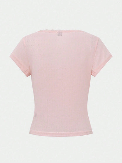 Vionelle Moosta Plus-Size Women Sweet Lace Trim Short Sleeve T-Shirt,Slim Fit 3-Button Baby Pink Casual Fairy Elegant Tee Tops,Summer Formal Office Concert
