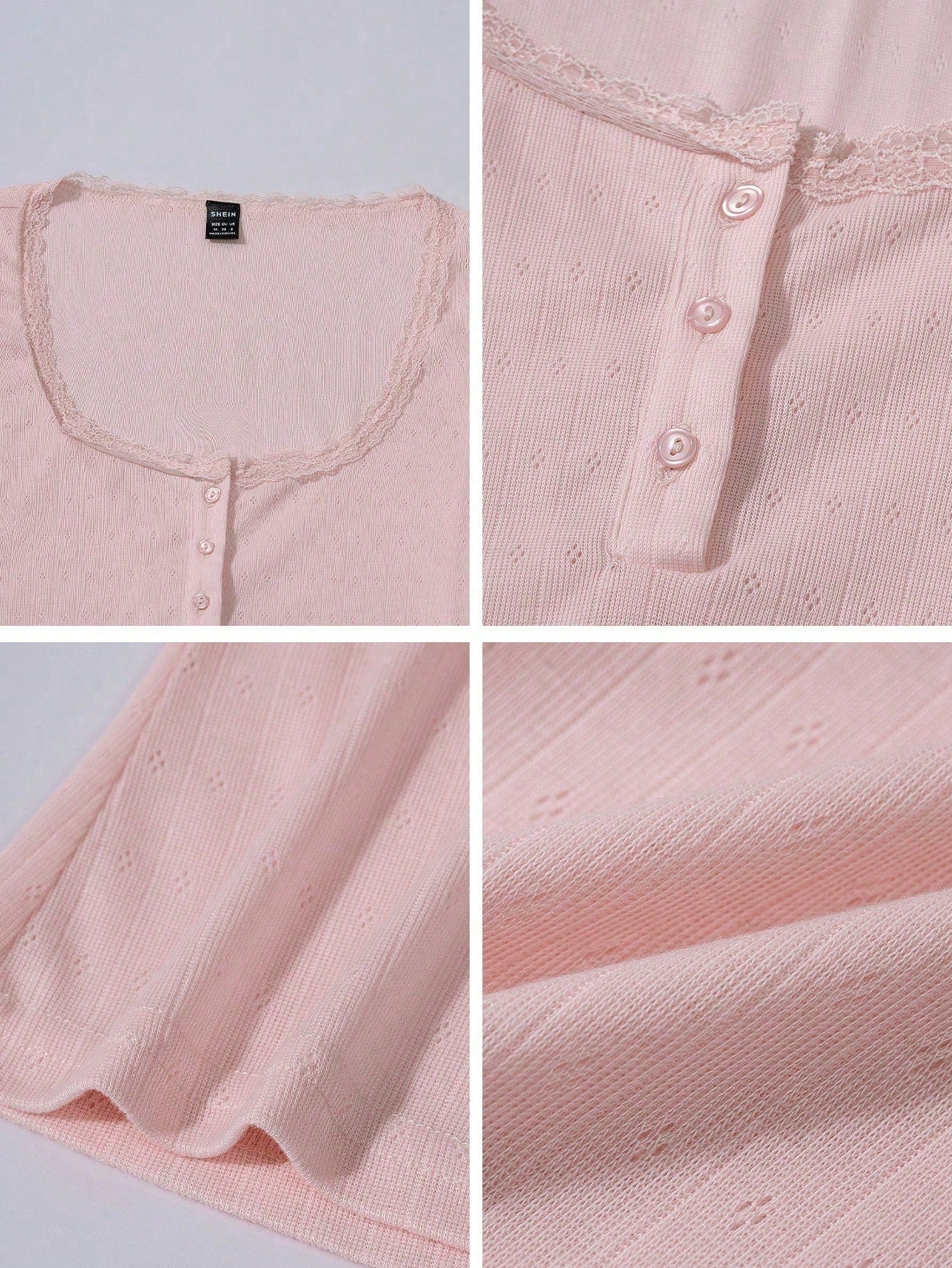 Vionelle Moosta Plus-Size Women Sweet Lace Trim Short Sleeve T-Shirt,Slim Fit 3-Button Baby Pink Casual Fairy Elegant Tee Tops,Summer Formal Office Concert