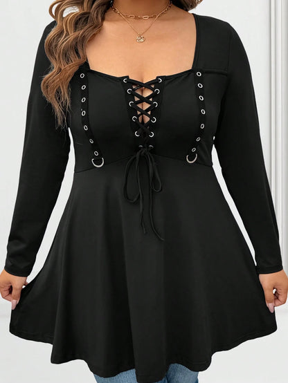 Vionelle Plus Size Lace-Up Long Sleeve T-Shirt, Solid Color Casual Minimalist Design, Suitable For Everyday Wear Fall Cloth For Women