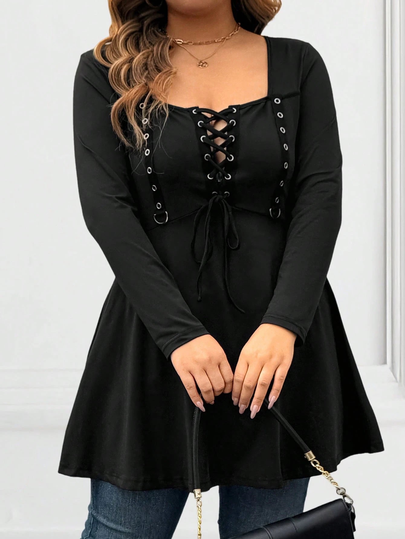 Vionelle Plus Size Lace-Up Long Sleeve T-Shirt, Solid Color Casual Minimalist Design, Suitable For Everyday Wear Fall Cloth For Women