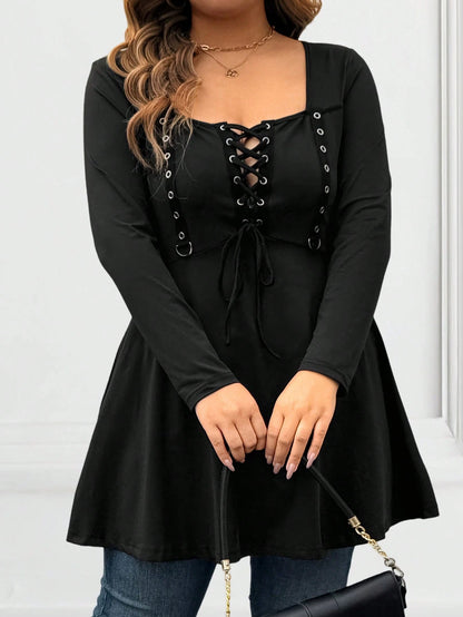 Vionelle Plus Size Lace-Up Long Sleeve T-Shirt, Solid Color Casual Minimalist Design, Suitable For Everyday Wear Fall Cloth For Women