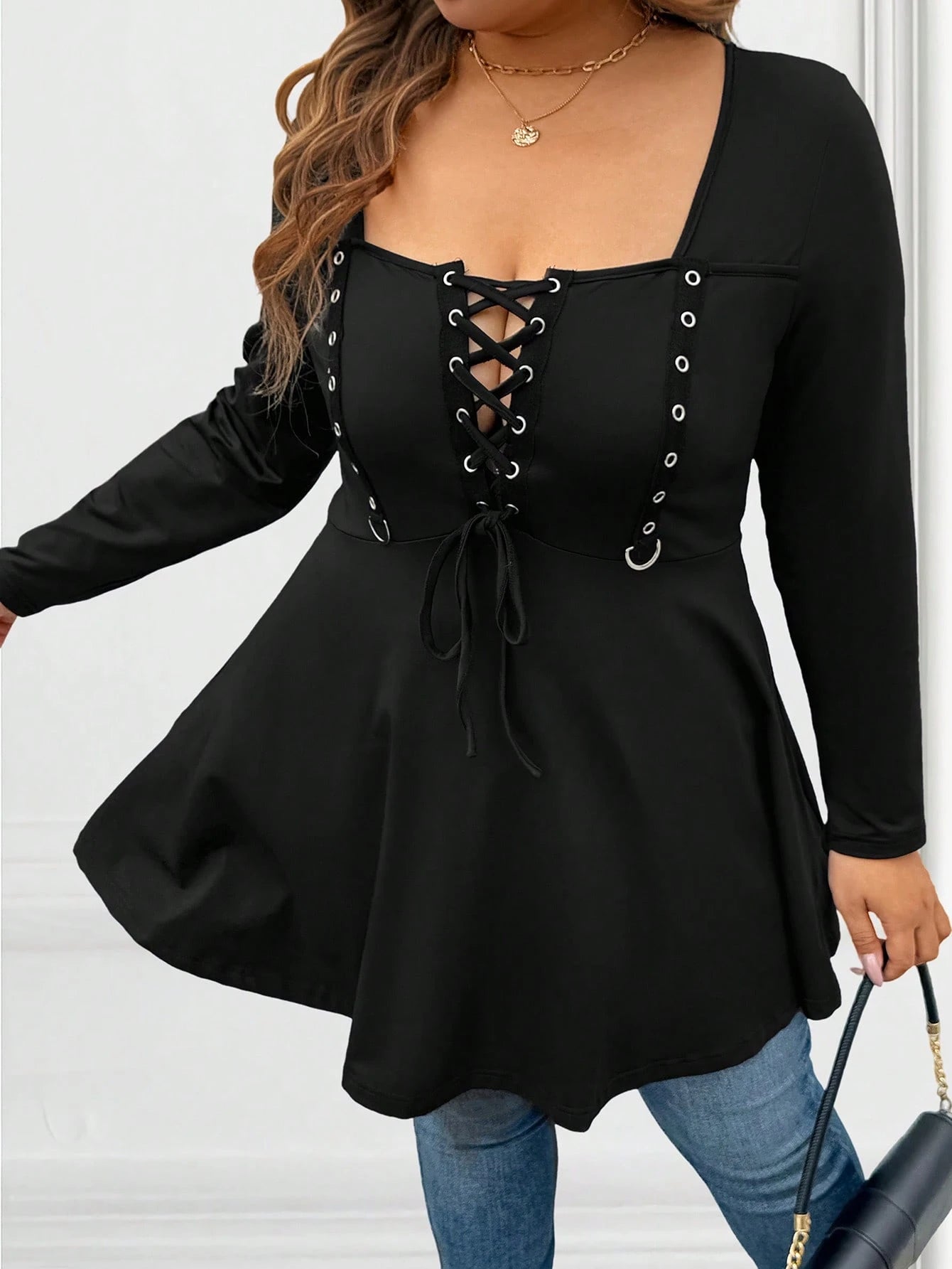 Vionelle Plus Size Lace-Up Long Sleeve T-Shirt, Solid Color Casual Minimalist Design, Suitable For Everyday Wear Fall Cloth For Women