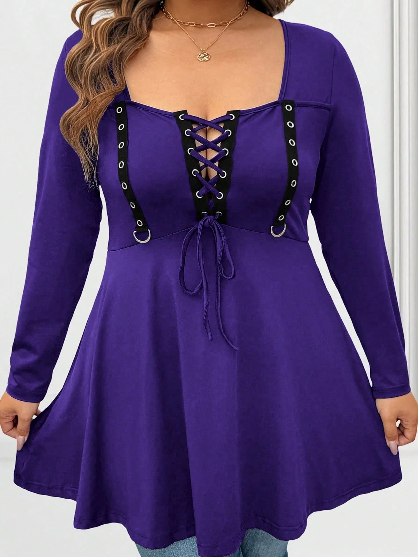 Vionelle Plus Size Lace-Up Long Sleeve T-Shirt, Solid Color Casual Minimalist Design, Suitable For Everyday Wear Fall Cloth For Women