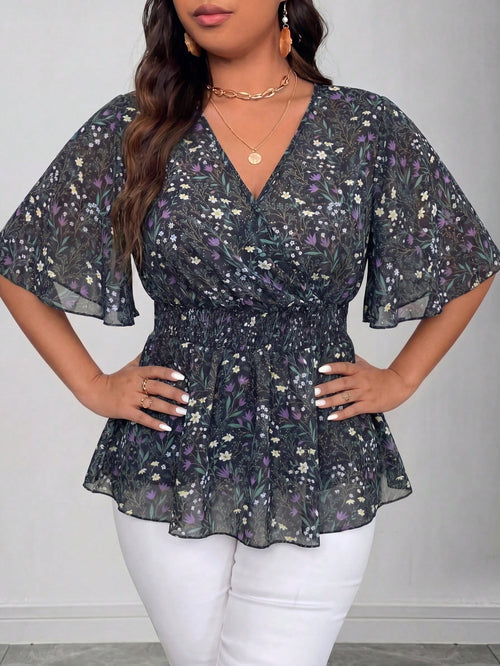 Vionelle Plus Size Summer Ditsy Floral Chiffon V-Neck Ruched Waist Flared Sleeve Blouse For Women Pink Floral Boho Elegant Traditional Wedding Guest Vacation