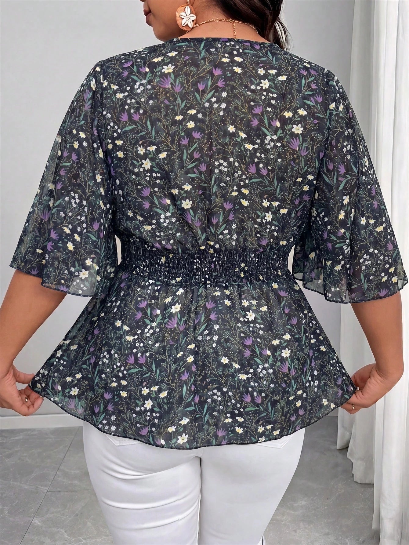 Vionelle Plus Size Summer Ditsy Floral Chiffon V-Neck Ruched Waist Flared Sleeve Blouse For Women Pink Floral Boho Elegant Traditional Wedding Guest Vacation