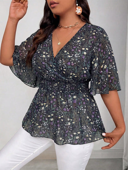 Vionelle Plus Size Summer Ditsy Floral Chiffon V-Neck Ruched Waist Flared Sleeve Blouse For Women Pink Floral Boho Elegant Traditional Wedding Guest Vacation