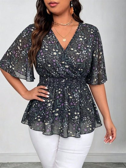 Vionelle Plus Size Summer Ditsy Floral Chiffon V-Neck Ruched Waist Flared Sleeve Blouse For Women Pink Floral Boho Elegant Traditional Wedding Guest Vacation