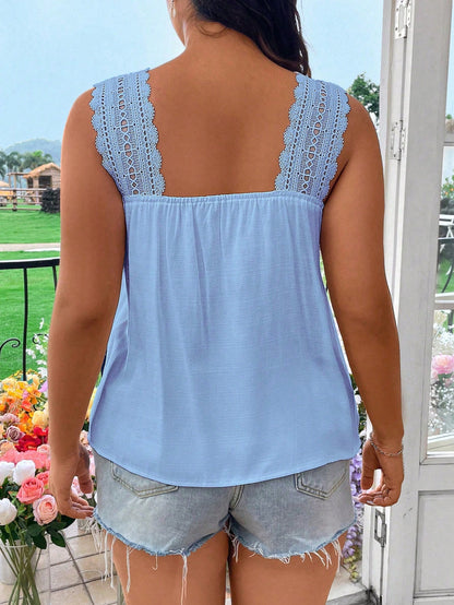 Vionelle Plus Size Vacation Casual Solid Color Lace Trim Sleeveless Blouse