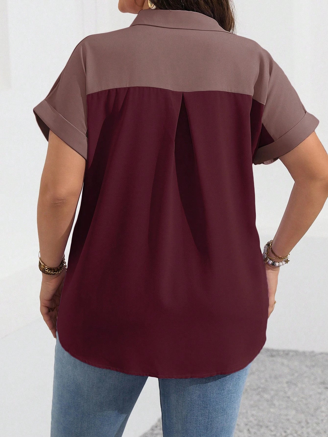 Vionelle Plus Size Women's Color Block Simple Daily Short Sleeve Shirt, For Summer
