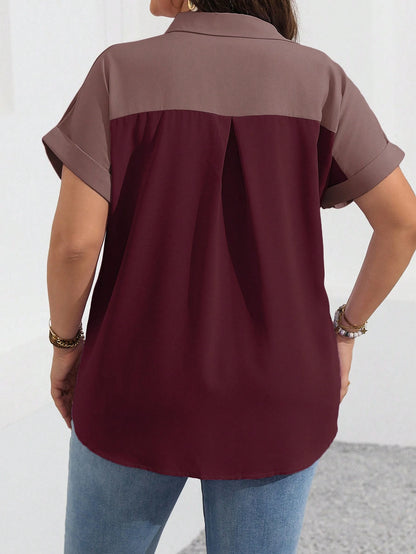 Vionelle Plus Size Women's Color Block Simple Daily Short Sleeve Shirt, For Summer