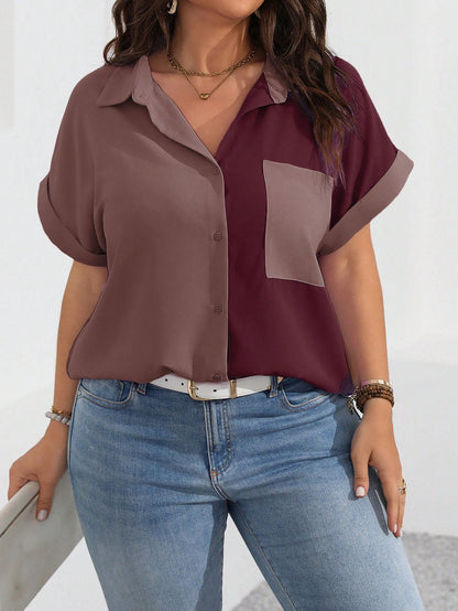 Vionelle Plus Size Women's Color Block Simple Daily Short Sleeve Shirt, For Summer