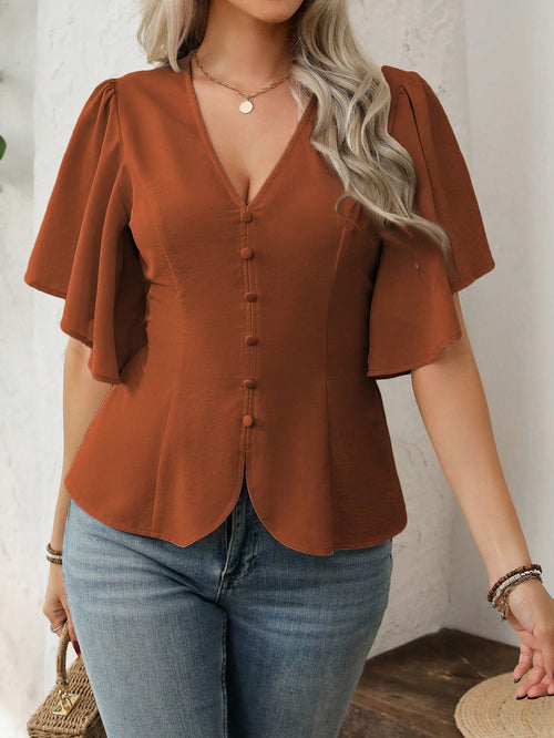 Vionelle Plus Size Women's Elegant French Style V-Neck Buttoned Decor Cinched Waist Flared Hem Short Sleeve Blouse, Casual Commute Holiday