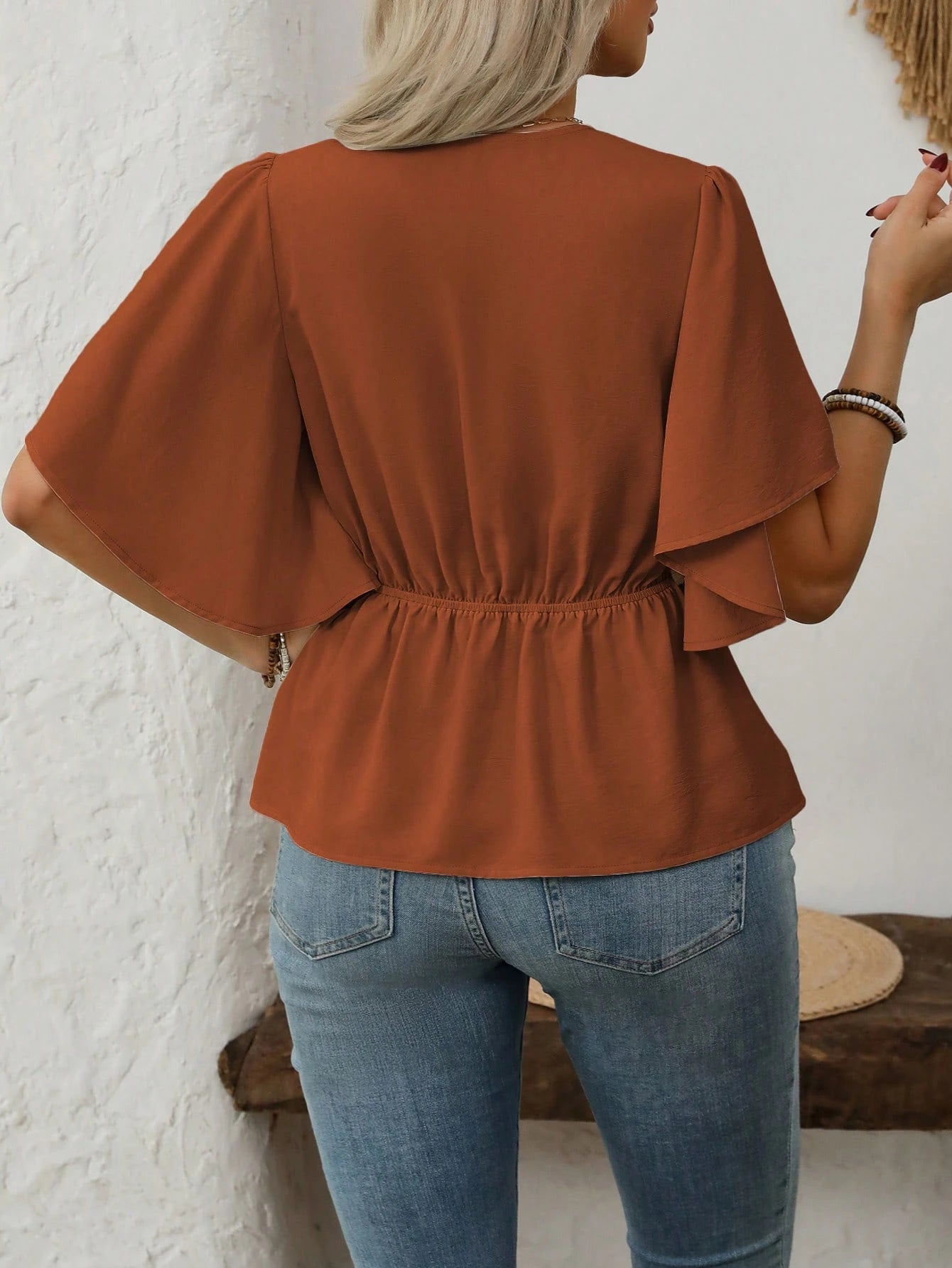 Vionelle Plus Size Women's Elegant French Style V-Neck Buttoned Decor Cinched Waist Flared Hem Short Sleeve Blouse, Casual Commute Holiday