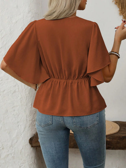 Vionelle Plus Size Women's Elegant French Style V-Neck Buttoned Decor Cinched Waist Flared Hem Short Sleeve Blouse, Casual Commute Holiday