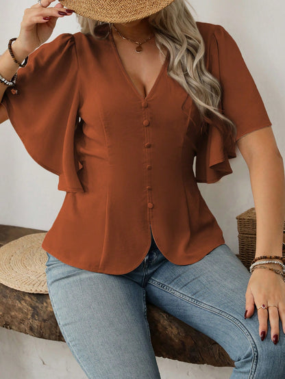 Vionelle Plus Size Women's Elegant French Style V-Neck Buttoned Decor Cinched Waist Flared Hem Short Sleeve Blouse, Casual Commute Holiday