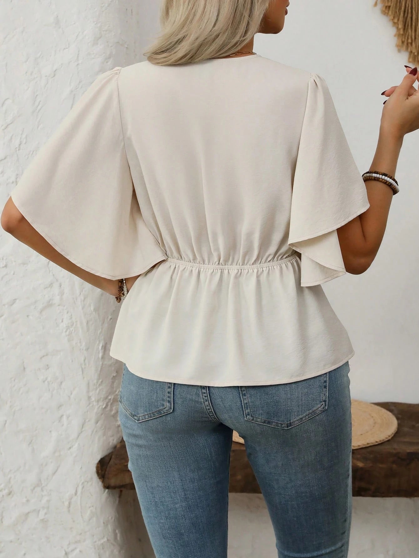 Vionelle Plus Size Women's Elegant French Style V-Neck Buttoned Decor Cinched Waist Flared Hem Short Sleeve Blouse, Casual Commute Holiday