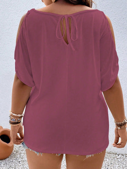 Vionelle Plus Size Women's Solid Color Round Neck Casual Off-Shoulder Loose T-Shirt With Tie-Back Design