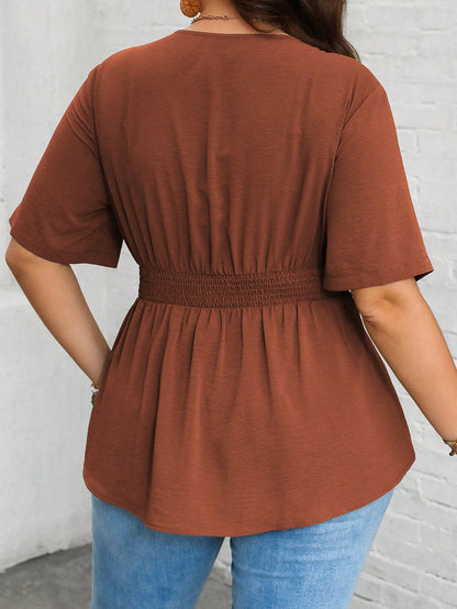 Vionelle Plus Size Women's Summer Plain V-Neck Ruffle Hem Casual Blouse