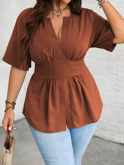 Vionelle Plus Size Women's Summer Plain V-Neck Ruffle Hem Casual Blouse