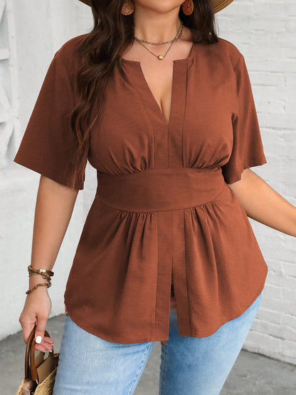Vionelle Plus Size Women's Summer Plain V-Neck Ruffle Hem Casual Blouse
