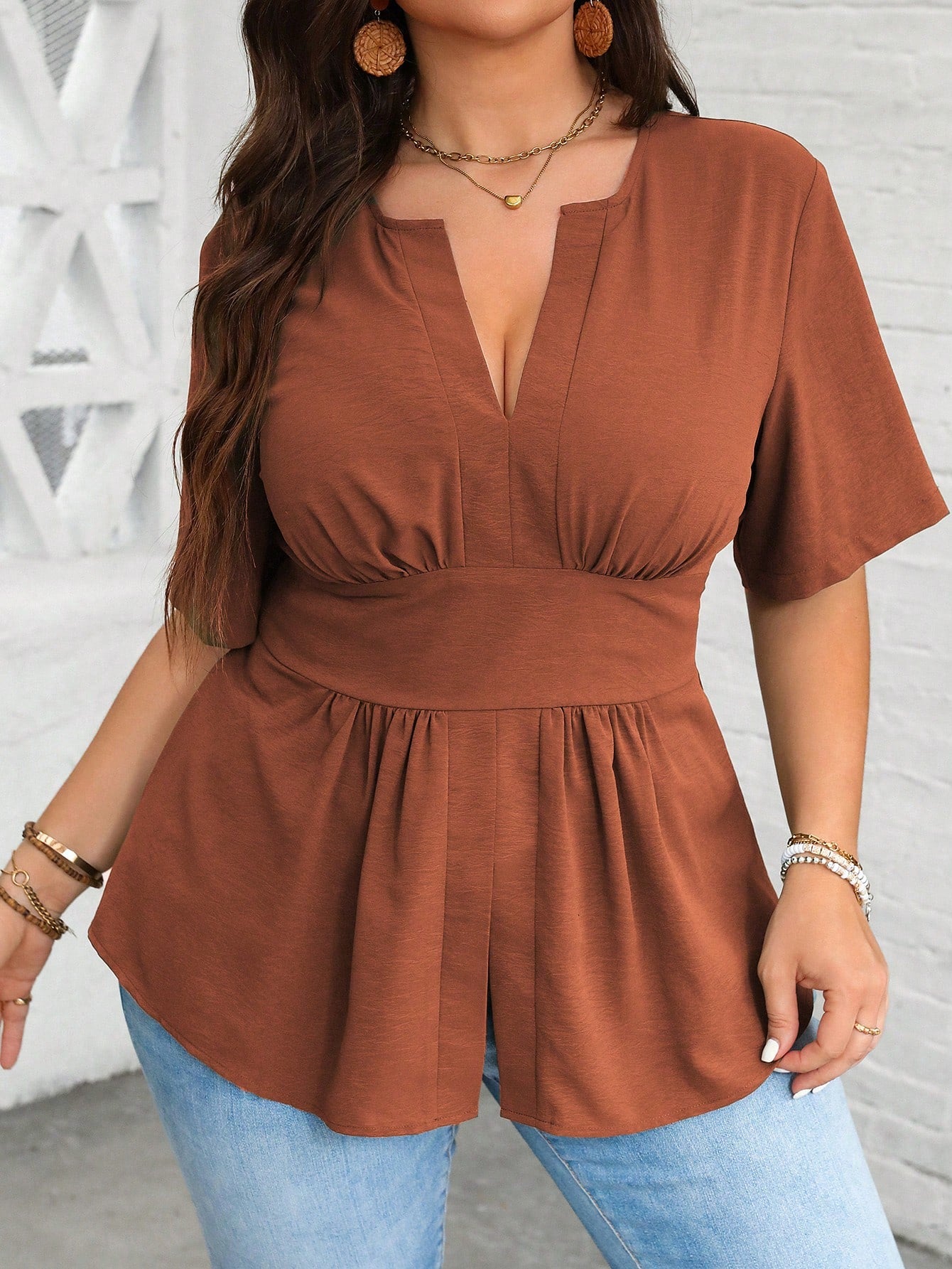 Vionelle Plus Size Women's Summer Plain V-Neck Ruffle Hem Casual Blouse