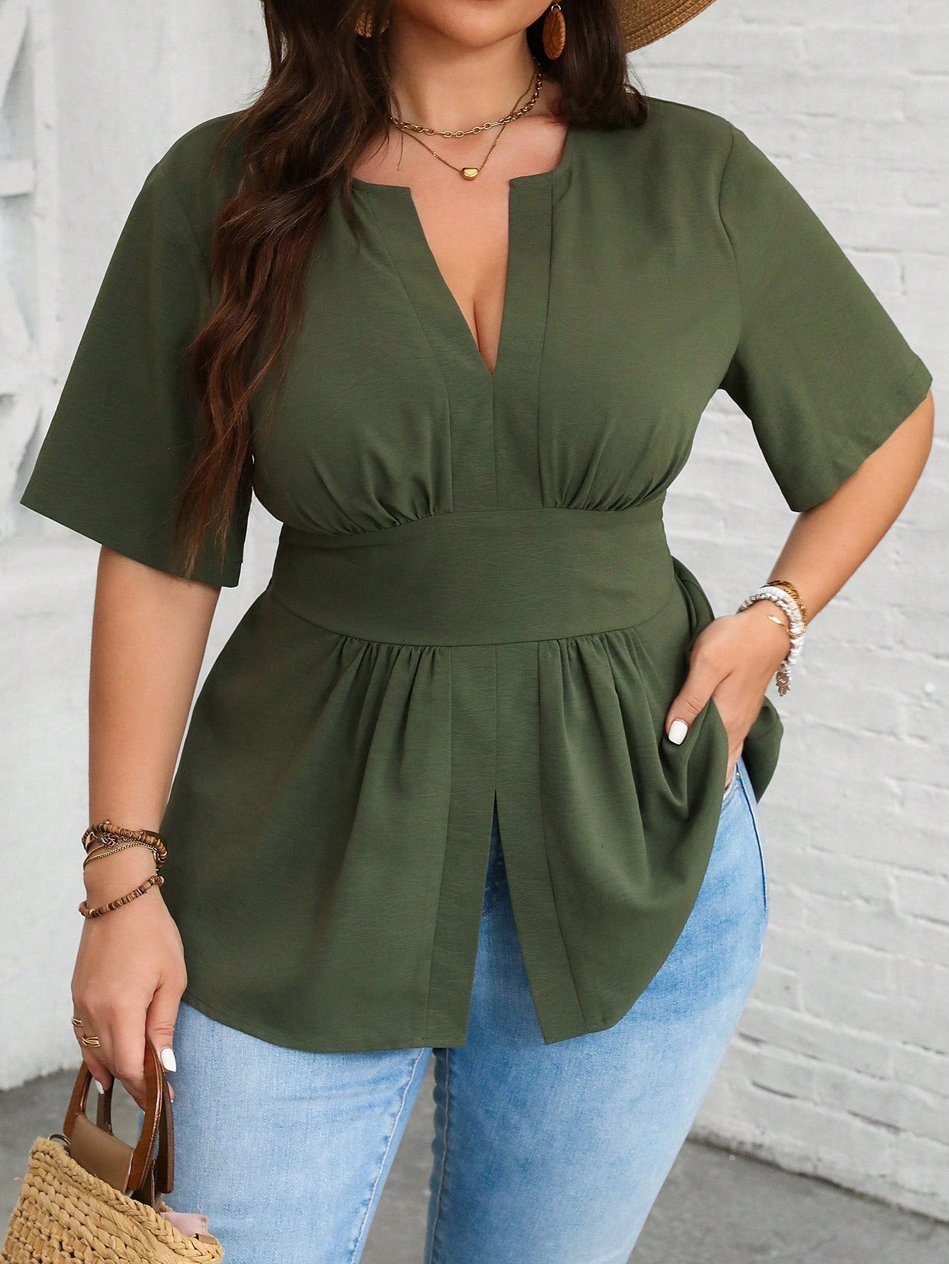 Vionelle Plus Size Women's Summer Plain V-Neck Ruffle Hem Casual Blouse