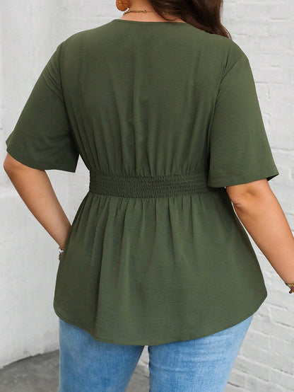 Vionelle Plus Size Women's Summer Plain V-Neck Ruffle Hem Casual Blouse