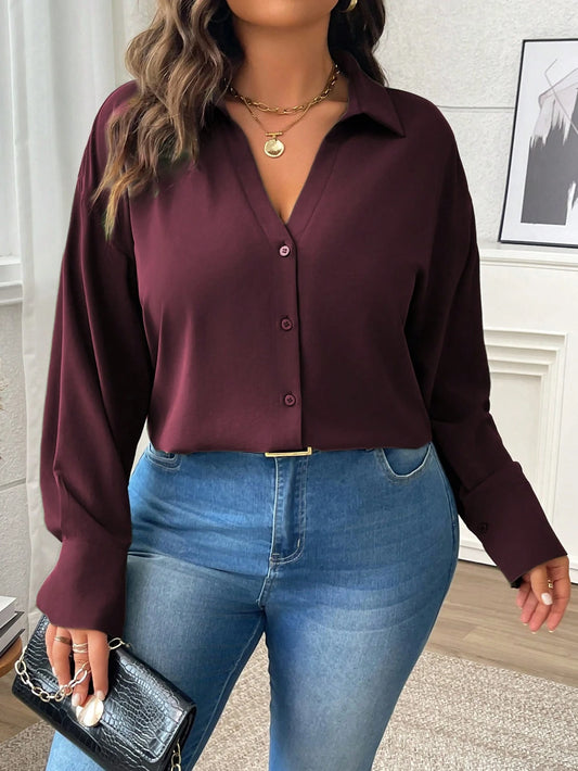 Vionelle Plus Size Women Solid Color Shirt Collar Drop Shoulder Loose Blouse, Spring & Autumn Women Shirt Fall