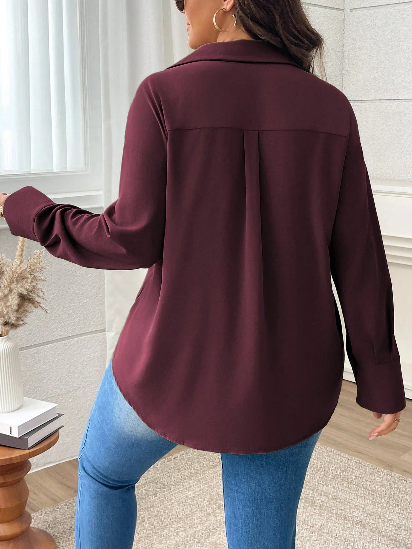 Vionelle Plus Size Women Solid Color Shirt Collar Drop Shoulder Loose Blouse, Spring & Autumn Women Shirt Fall