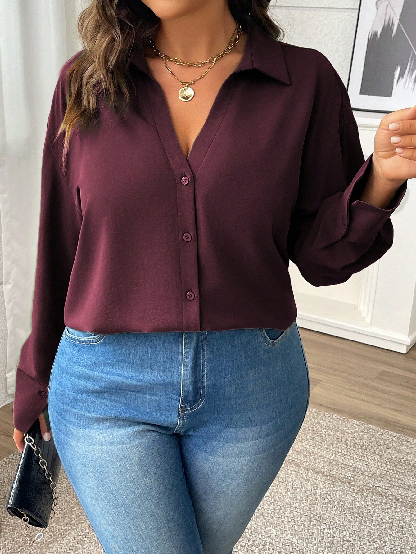 Vionelle Plus Size Women Solid Color Shirt Collar Drop Shoulder Loose Blouse, Spring & Autumn Women Shirt Fall