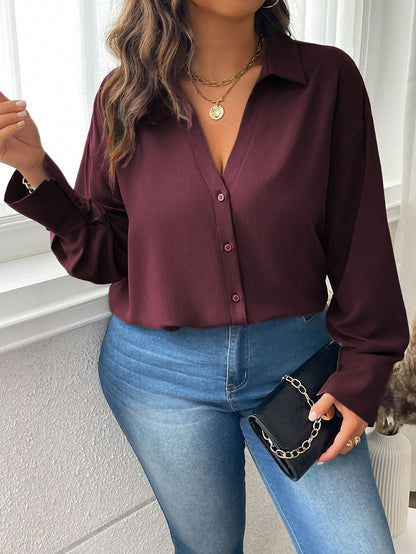 Vionelle Plus Size Women Solid Color Shirt Collar Drop Shoulder Loose Blouse, Spring & Autumn Women Shirt Fall