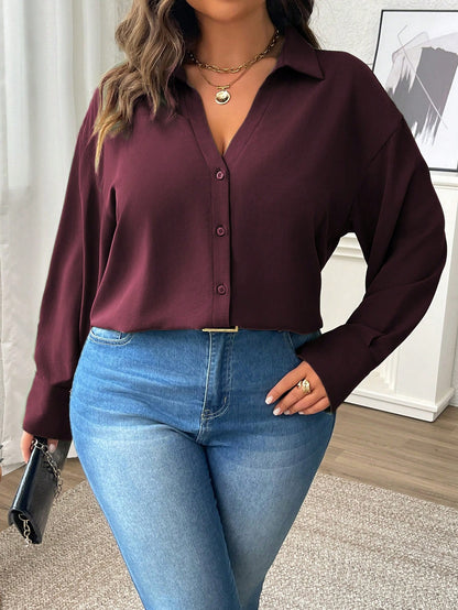 Vionelle Plus Size Women Solid Color Shirt Collar Drop Shoulder Loose Blouse, Spring & Autumn Women Shirt Fall