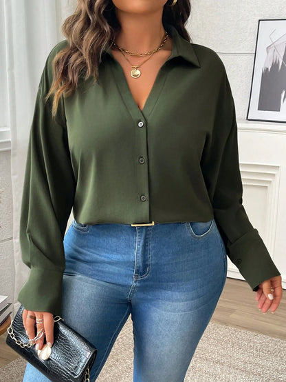 Vionelle Plus Size Women Solid Color Shirt Collar Drop Shoulder Loose Blouse, Spring & Autumn Women Shirt Fall