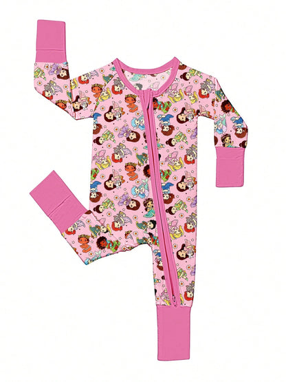 VISIKIDS Baby Bamboo Viscose Cute Girl Print Long Sleeve 2-Way Zip Up Romper, One Piece Outfit For Newborn Infants 0-24M, Pink