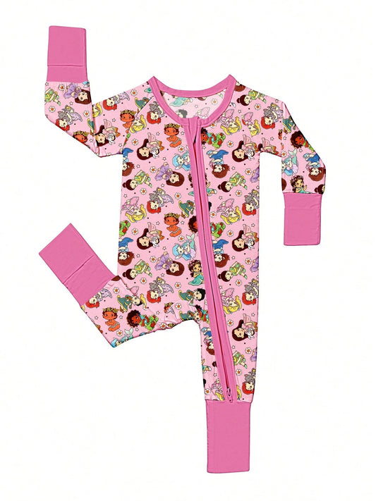 VISIKIDS Baby Bamboo Viscose Cute Girl Print Long Sleeve 2-Way Zip Up Romper, One Piece Outfit For Newborn Infants 0-24M, Pink