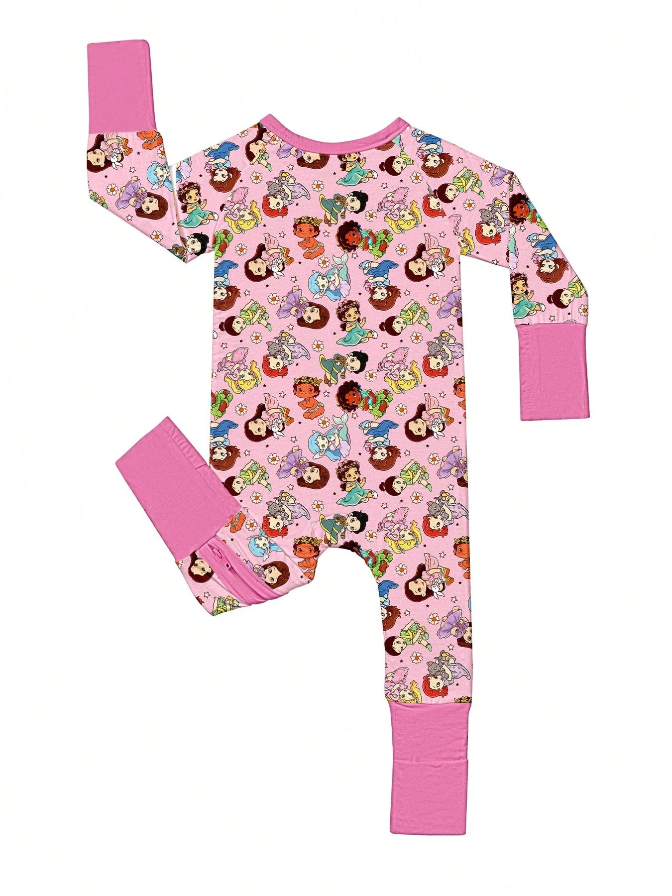 VISIKIDS Baby Bamboo Viscose Cute Girl Print Long Sleeve 2-Way Zip Up Romper, One Piece Outfit For Newborn Infants 0-24M, Pink