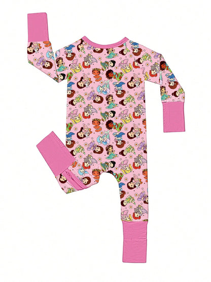 VISIKIDS Baby Bamboo Viscose Cute Girl Print Long Sleeve 2-Way Zip Up Romper, One Piece Outfit For Newborn Infants 0-24M, Pink