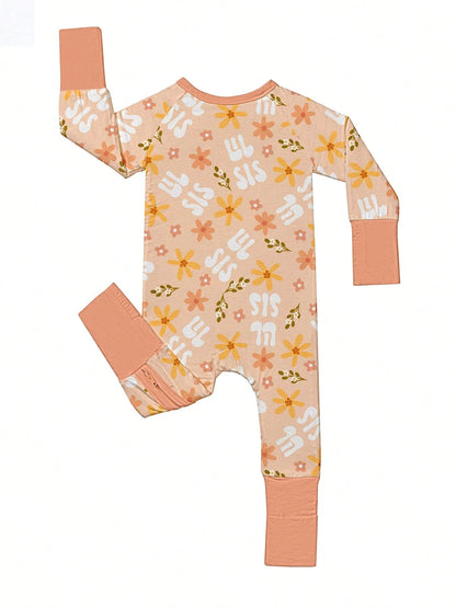 VISIKIDS Baby Bamboo Viscose Lil Sis & Floral Print Long Sleeve 2-Way Zip Up Romper, Footed One Piece Outfit With Mitten Cuffs For Newborn Girls 0-24M, Peach