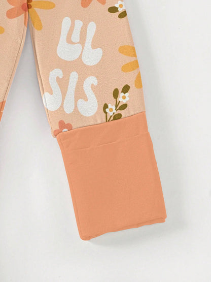 VISIKIDS Baby Bamboo Viscose Lil Sis & Floral Print Long Sleeve 2-Way Zip Up Romper, Footed One Piece Outfit With Mitten Cuffs For Newborn Girls 0-24M, Peach