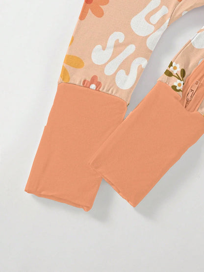 VISIKIDS Baby Bamboo Viscose Lil Sis & Floral Print Long Sleeve 2-Way Zip Up Romper, Footed One Piece Outfit With Mitten Cuffs For Newborn Girls 0-24M, Peach