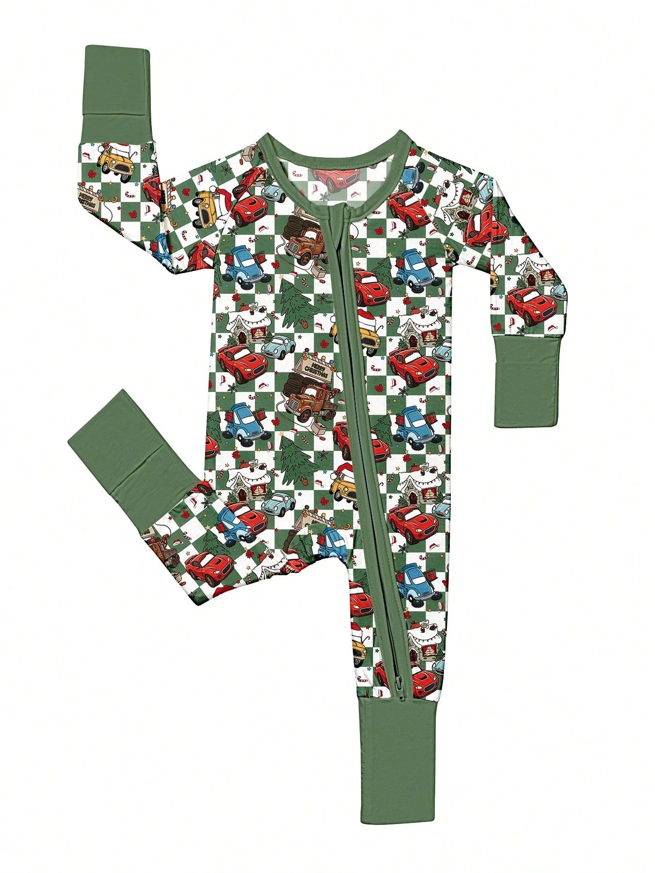 VISIKIDS Baby Bamboo Viscose Merry Christmas Car Print Long Sleeve 2-Way Zip Romper, Christmas Gift For Newborn Infants Boy Girl 0-24M