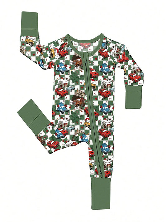 VISIKIDS Baby Bamboo Viscose Merry Christmas Car Print Long Sleeve 2-Way Zip Romper, Christmas Gift For Newborn Infants Boy Girl 0-24M