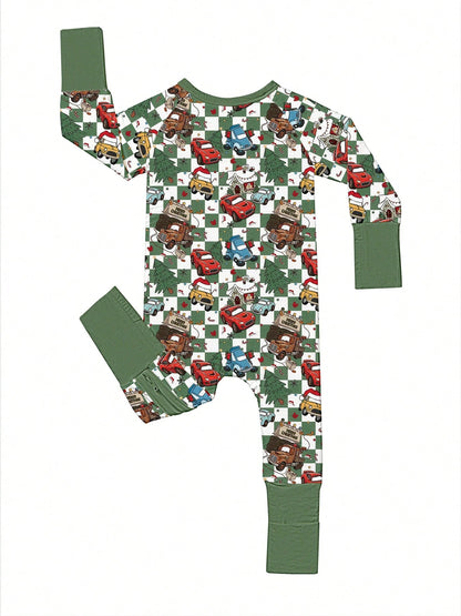 VISIKIDS Baby Bamboo Viscose Merry Christmas Car Print Long Sleeve 2-Way Zip Romper, Christmas Gift For Newborn Infants Boy Girl 0-24M