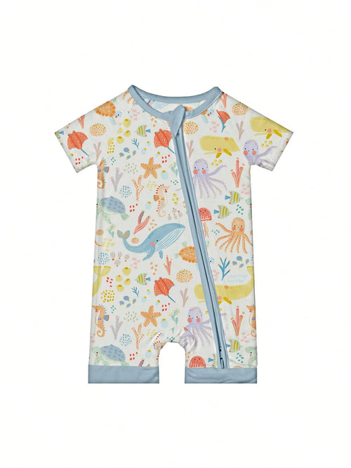 VISIKIDS Baby Bamboo Viscose Ocean Creature Print Short Sleeve 2-Way Zip Up Romper, One Piece Outfit For Newborn Infants 0-24M, Blue